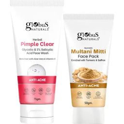Globus Naturals Glycolic & 1% Salicylic Acid Herbal Pimple Clear Face Wash & Multani Mitti Face Pack Combo-14