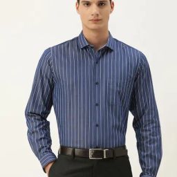 Peter England Blue Slim Fit Striped Shirt-image-91