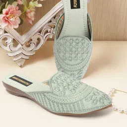 FLYING&SAM Women Ethnic Embellished Pointed Toe Embroidered Mules Flats-picture-35