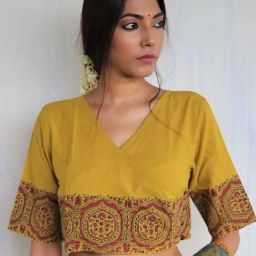 Chidiyaa Mustard Angarakha Handprinted Cotton God Crop Top-image-6