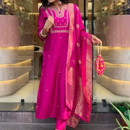 Anni Designer Floral Embroidered Notch Neck Straight Kurta With Trousers & Dupatta-image-65