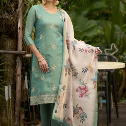 Hitarth Fashion Floral Embroidered Tissue Straight Kurta With Trousers & Dupatta-1