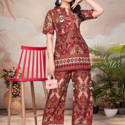 HERE&NOW Printed Mandarin Collar Top With Palazzos Co-Ords-image-46