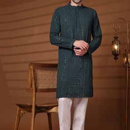 SKAVIJ Men Embroidered Regular Sequinned Pure Cotton Kurta with Pyjamas-image-12