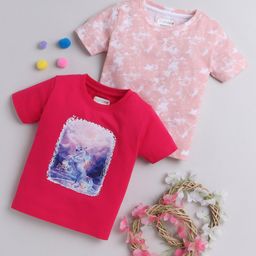 BUMZEE Pack Of 2 Half Sleeves Unicorn Theme Printed Tees - Peach & Pink-image-38