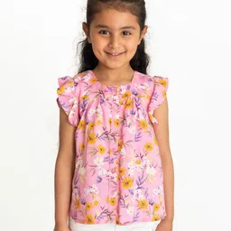 Campana Short Flutter Sleeves Seamless Floral Printed Button Down Top - Pink & Orange-picture-37