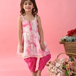 Saka Designs By Sapna Sleeveless  Tie Dye  & Gota Lace Embellished Kurta  & Dhoti - White & Fuchsia Pink-picture-12