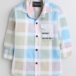 Polka Tots  Full Sleeves Big Window Pane Checked Shirt With Blah Blah Text Printed  Pocket  - Cream & Green-image-6