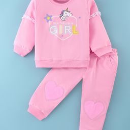 Kookie Kids Full Sleeves Winter Wear Suit with Unicorn Graphic Print  & Applique Detailing - Pink-3