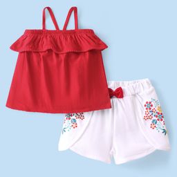 Babyhug 100% Cotton Knit Single Jersey Sleeveless Top & Shorts With Floral Print & Bow Detailing - Red & White-image-58