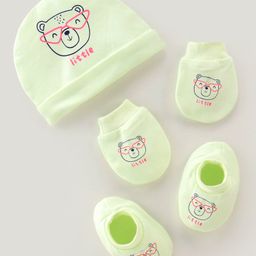 Simply Interlock Cotton Knit Cap Mittens and Booties Set Bear & Little Print  Green- Diameter 13 cm-image-49