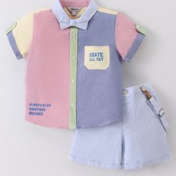 ToffyHouse 100% Cotton Woven Half Sleeves Text Printed Shirt & Shorts Set With Bow & Suspender - Sky Blue-picture-15
