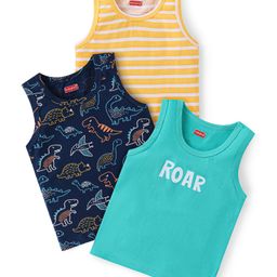 Babyhug 100% Cotton Sleeveless Striped Sandos with Dino Print Pack of 3 - Multicolour-image-3
