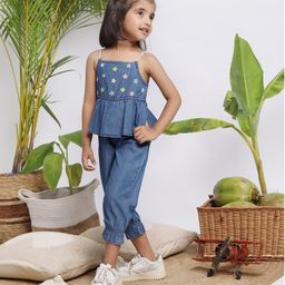 Budding Bees Sleeveless Floral Embroidered Denim Jumpsuit - Blue-image-17