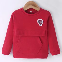 Olio Kids Cotton Knit Full Sleeves Winter Wear T-Shirt with Kangaroo Pocket & Hot Air Balloon Patch - Maroon-image-100