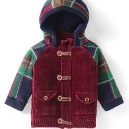 Yellow Apple Viscose Knit Full Raglan Sleeves Front Open Hooded Sweater with Checks - Maroon-image-81