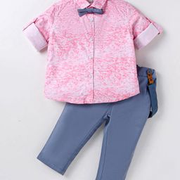 ToffyHouse 100% Cotton Woven Full Sleeves Digital Printed Shirt & Trouser Set With Bow & Suspender - Pink-image-19