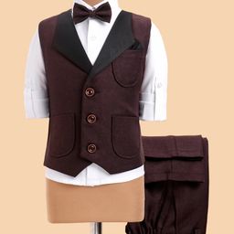 Rikidoos Full Sleeves Solid Shirt With Waistcoat Pant & Bow Set - Chocolate Brown & White-image-52