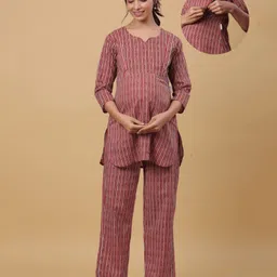 CRAFIQA Cotton Three Fourth Sleeves Abstract Printed Nursing Maternity Night Suit With Concealed Zipper Nursing Access - Red-picture-11