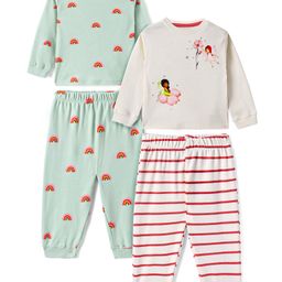Bonfino 100% Cotton Knit Full Sleeves Striped Night Suits With Floral & Rainbow Print Pack Of 2 - Light Grey & Mint-image-126