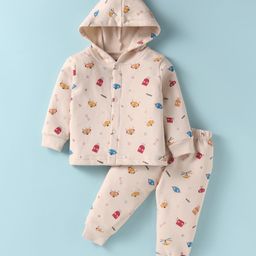 Simply Fleece Knit Full Sleeves Hooded Winter Night Suit with Animals Print - Beige-image-10