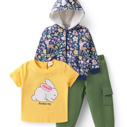 Babyhug Terry Knit Half Sleeves Bunny Printed Top & Lounge Pant With Floral Printed Hooded Sweat Jacket - Yellow-image-78