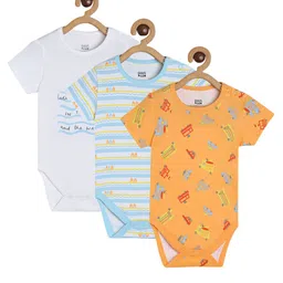 MINI KLUB Cotton Knit Pack Of 3 Half Sleeves Vehicles & Typography Printed Onesies - Multi Colour-picture-20