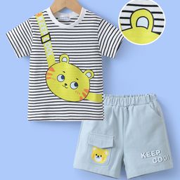 Mark & Mia Cotton Half Sleeves Striped T-Shirt & Shorts Set with Tiger Sling Bag Print - Light Blue & White-image-97