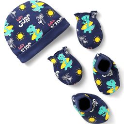 Babyhug 100% Cotton Interlock Knit Cap Mittens & Booties Set With Surf Print - Navy Blue-16