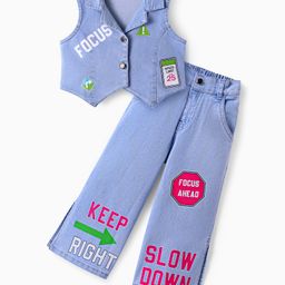 Ollington St. Denim Co-Ord Set Of Sleeveless Collared Top & Pants with Text Print- Light Blue-image-40