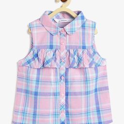 Campana 100% Cotton Woven Sleeveless Shirt Style Checked Top - Pink & Blue-image-31
