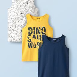 Honeyhap Premium Cotton Elastane Knit Sleeveless Vests With Bio Finish Dino Print Pack Of 3 - Snapdragon Bright White & Navy Peony-image-96