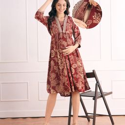 Bella Mama Woven Three Forth Sleeves Floral Printed Maternity Dress With Lace Detailing - Maroon-image-36