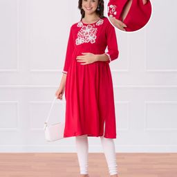 Bella Mama Viscose Woven Three Fourth Sleeves Maternity Kurta With Embroidered Yoke - Red-picture-28
