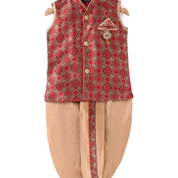 Dapper Dudes Sleeveless Ethnic Motifs Embroidered Coordinating Dhoti Kurta - Maroon-image-37