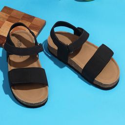 TRUFFLE COLLECTION Solid Sandals With Double Velcro Closure - Black-image-117