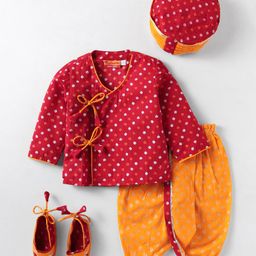 Exclusive from Jaipur Cotton Woven Full Sleeves Bandhani Printed Kurta Dhoti Set with Cap & Mojaris - Red & Orange-image-81