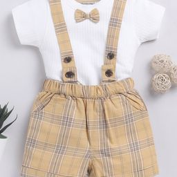 Wonderchild Half Sleeves Ribbed Tee & Checked Shorts With Attached Bow & Suspender Set - White & Beige-image-86