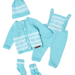 The Original Knit Knit Abstract Designed Dungaree With Full Sleeves Coordinating Sweater Cap & Socks Set - Sky Blue-picture-1