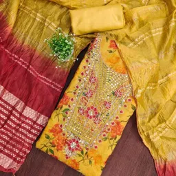 KALINI Yellow Simmer Silk Digital Print Coding With Sequence Work Unstitched Dress Material image 3