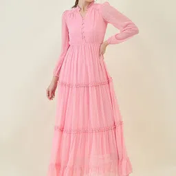 aayu Georgette Self Design Puff Sleeve Tiered Maxi Dress-image-79