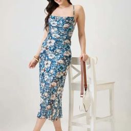 Globus Women Blue Floral Printed Cowl Neck Strappy Sleeves Back Tie-Up Midi Bodycon Party Dress-image-4