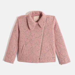 Blue Giraffe Girls Pink Self Design Spread Collar Full Sleeves Tweed Jacket-17