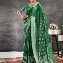 Satrani Green & Silver Woven Saree With Unstitched Blouse-image-60