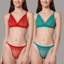 AROUSY Red & Green Self Pattern Bra Panty Set - Pack Of 2-image-88