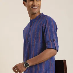 Taavi High-Low Striped Band Collar Straight Nagari Weaves Kurta-picture-15