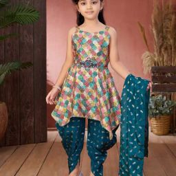 Aarika Girls Multicolor Embroidered Kurti, Dhoti, Dupatta with Unstiched Sleeves-image-93