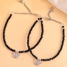 VOJ Black Beads Butterfly Shaped Anklet Set of 2-40