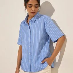 Wardrobe by Westside Blue Pinstriped Cotton Shirt-image-76
