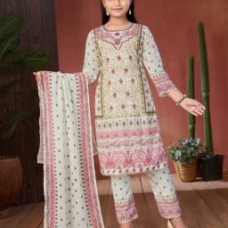 Aarika Girls Pink & Cream Embellished Kurti, Pants with Dupatta-image-69